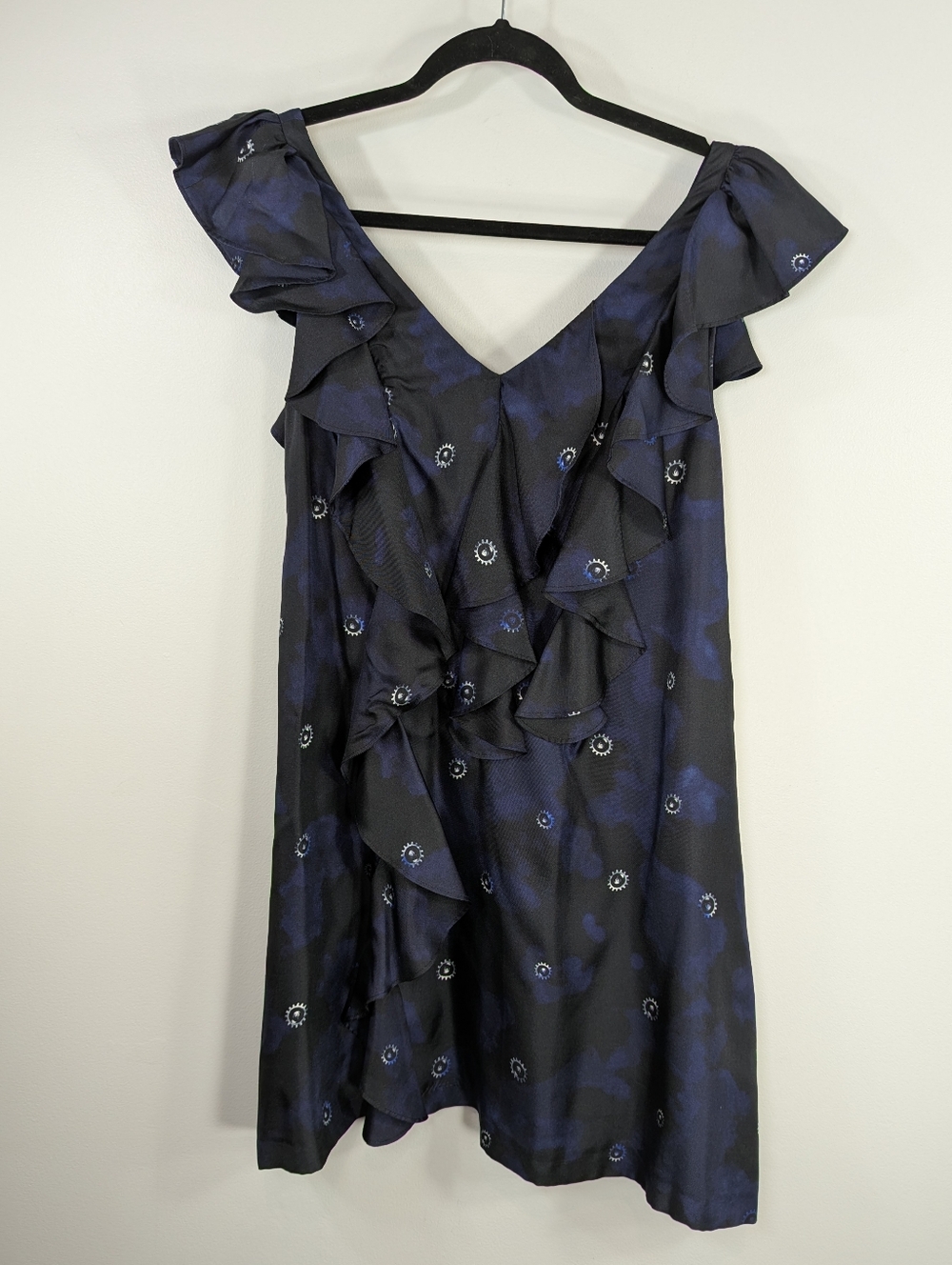 MCQ Alexander McQueen Silk Ruffle V‑Neck Dress Navy IT 40 / US 4